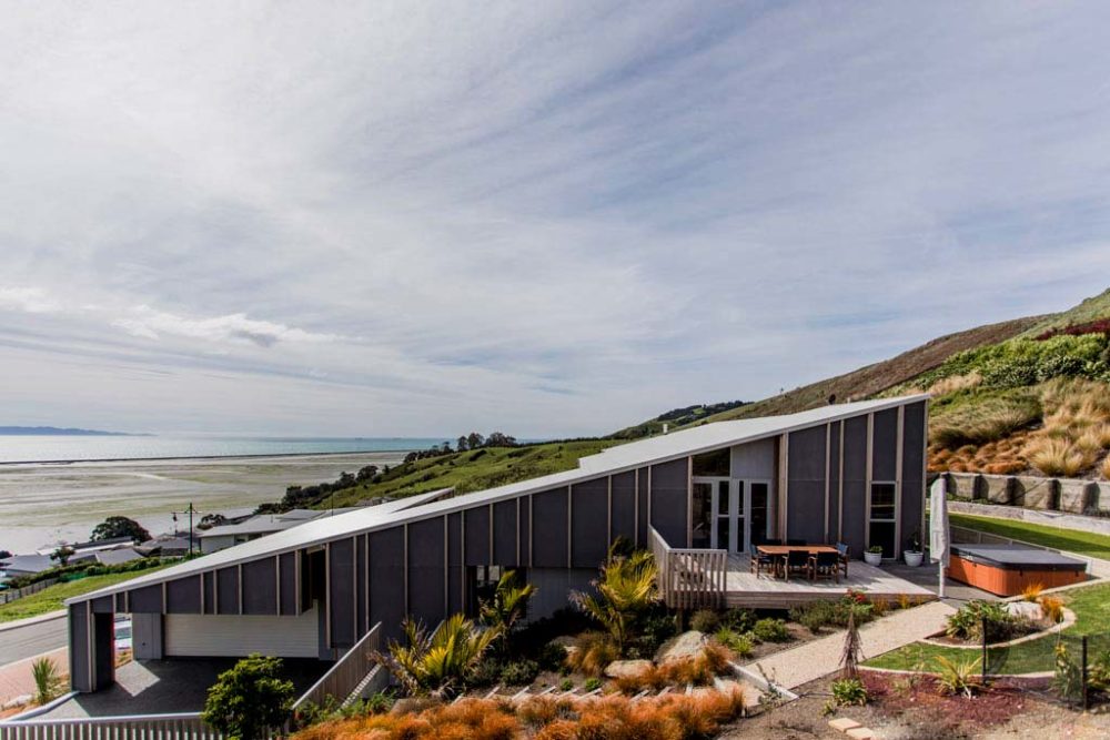 Side elevation of newly built house with ocean view