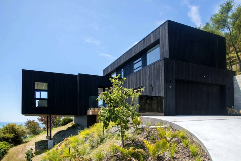 Exterior view of black wood and glass newly built house